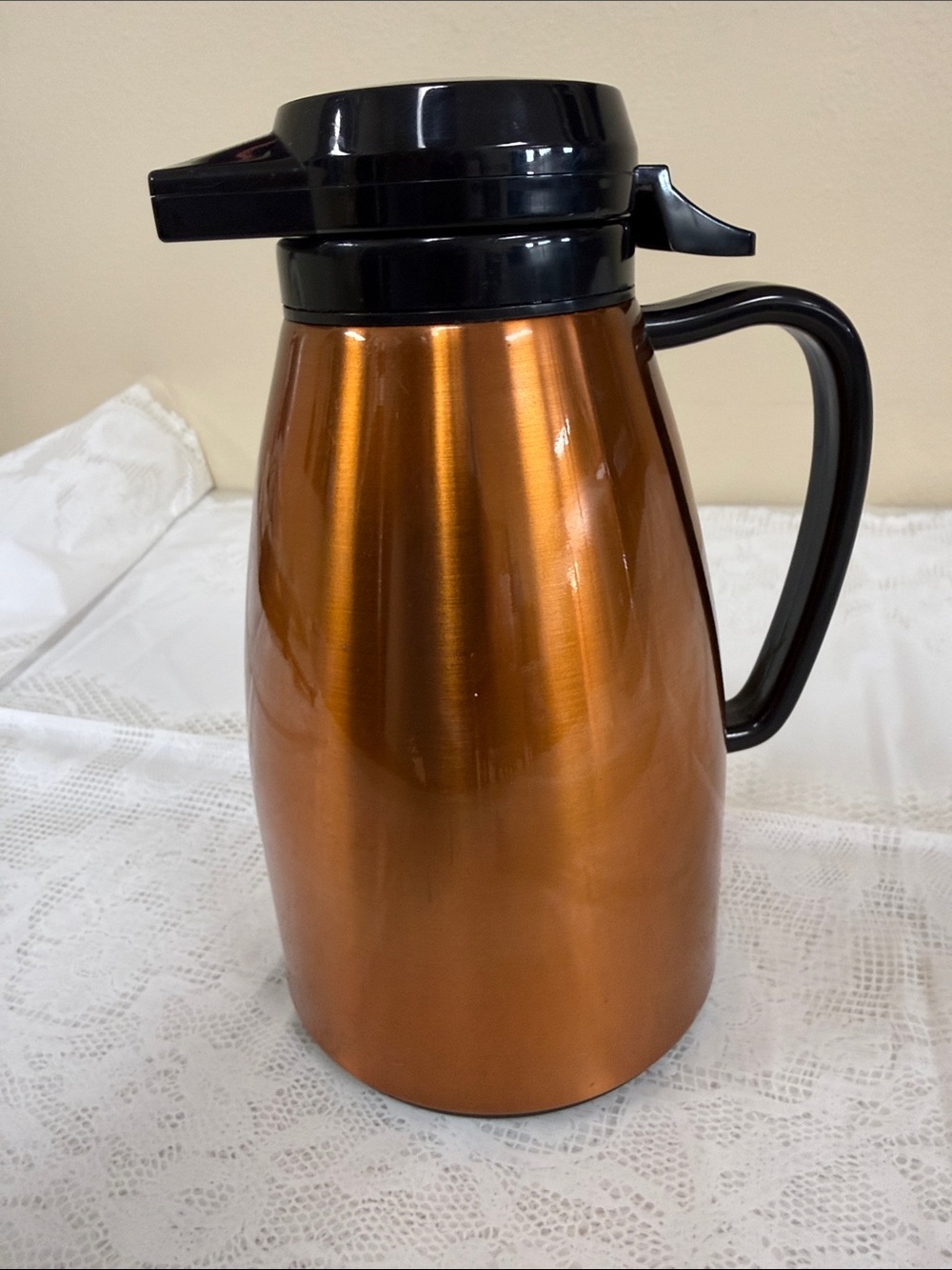 Copper Thermal Carafe with Black Handle and Lid